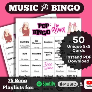 Bingo musical de canciones de divas del pop. Juego de 50 cartas. Descarga instantánea en PDF. Listas de reproducción de Spotify, Apple Music y YouTube.