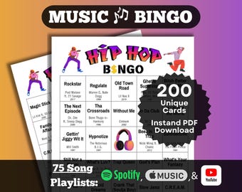 Hip Hop Music Bingo. 3 decades of hits 1990s, 2000s, 2010s. 200 unique cards. Instant Download. Playlists on Spotify, Apple Music, YouTube.