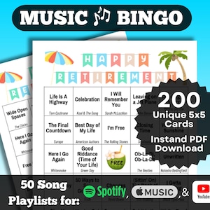 Bingo musical pour la fête de la retraite | Jeu de bingo à la retraite | Activité de retrait de la carte 200, téléchargement PDF | Spotify, Apple Music, listes de lecture YouTube.