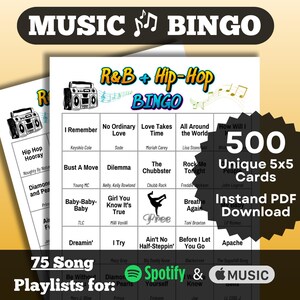 Musik Bingo: R & B Songs + Hip Hop Songs Bingo. 500 Karten. 80er, 90er, 2000er Lieder. Sofortiger Download mit Playlists für Etsy + Apple Music.