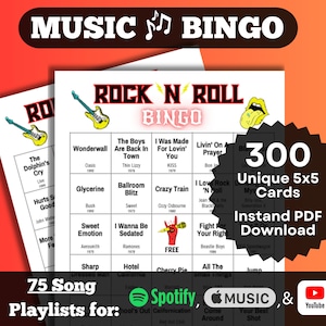 Bingo musical de canciones de rock and roll. Canciones de rock de todas las décadas (70-90+). Descarga instantánea. 300 cartones. Spotify, Apple Music, listas de reproducción de YouTube.