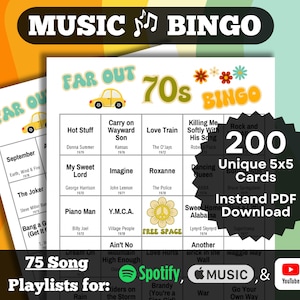 Bingo musical dos anos 70. Conjunto com 200 cartas. Download instantâneo em PDF. Playlists do Spotify, Apple Music e YouTube.