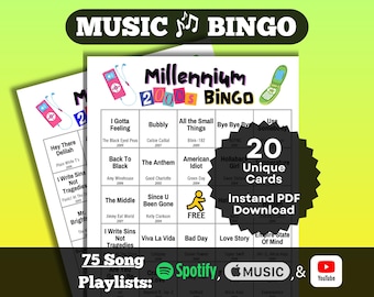 Millennium 2000s Songs Music Bingo. Hits from 2000-2009. 20 unique cards. Instant Download. Playlists on Spotify, Apple Music, YouTube.