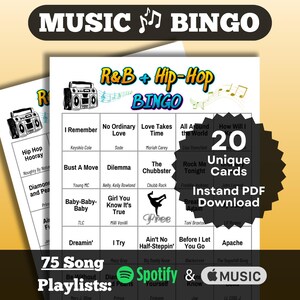 Music Bingo: R&B Songs + Hip Hop Songs Bingo. 20 cards. 80s, 90s, 2000s songs. Instant Download with playlists for Spotify + Apple Music.