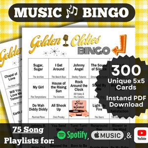 Bingo musical: Bingo Golden Oldies. Canciones clásicas de los años 50 y 60. 300 cartas. Descarga instantánea de PDF. Listas de reproducción de Spotify, Apple Music y YouTube.
