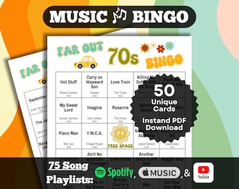70s Songs Music Bingo. Zestaw 50 kart. Natychmiastowe pobranie pliku PDF. Spotify, Apple Music i listy odtwarzania YouTube.