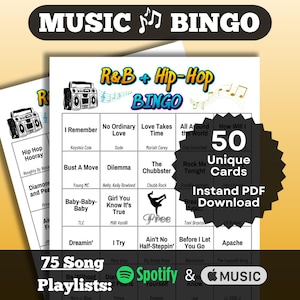 Music Bingo: R&B Songs + Hip Hop Songs Bingo. 50 cards. 80s, 90s, 2000s songs. Instant Download with playlists for Spotify + Apple Music.