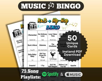 Bingo musical: Bingo de canciones de R&B y hip hop. 50 cartones. Canciones de los 80, 90 y 2000. Descarga instantánea con listas de reproducción para Spotify y Apple Music.