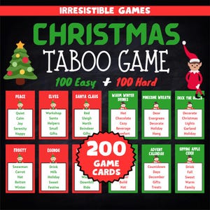 Kersttaboespel | Familiekerstspel Verboden Woorden | Feestspel Feestdagen Kantoor | 200 kaarten (100 makkelijk, 100 moeilijk) | Digitale download