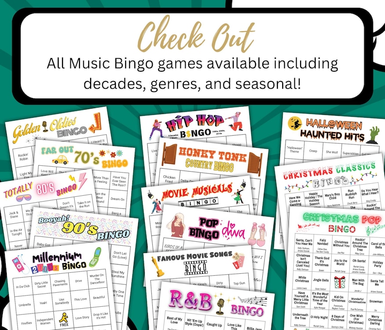 Check out all of the Music Bingo games available, including Decades, Genres, and Seasonal.