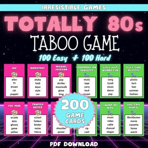 Taboespel uit de jaren 80 | Partyspel Jaren 80 Verboden Woorden | Feestspel 80's thema | 200 spelkaarten (100 makkelijk + 100 moeilijk) | Pdf-download