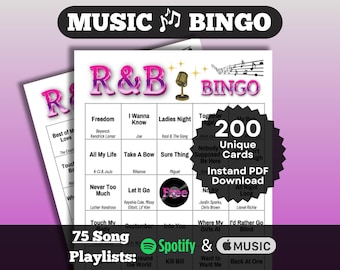 Music Bingo: R&B Soul Songs Bingo. 200 card set. Hits from across the decades. Instant Download with playlists for Spotify and Apple Music.