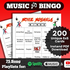 Muziekbingo: filmmusicals. Nummers uit de beste muziekfilms. 200 kaartenset, direct downloaden. Spotify, Apple Music, YouTube-afspeellijsten.