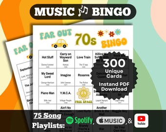 70s Songs Music Bingo. 300 card set. Instant PDF Download. Spotify, Apple Music, and YouTube Playlists.