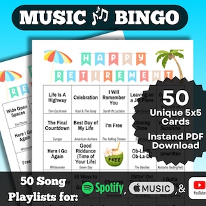 Bingo musical pour la fête de la retraite | Jeu de bingo à la retraite | 50 activités de retraite avec carte, téléchargement PDF | Spotify, Apple Music, listes de lecture YouTube.