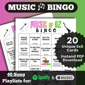 Bingomuziek van Oz | Bingokaarten met muziekthema Wicked | Dorothy, Glinda en Elphaba meezingen | 20 kaarten | Spotify, Apple Music-afspeellijsten.