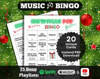 Music Bingo: Christmas Pop. Your favorite current Holiday Hits. 20 cards, Instant Download. Spotify, Apple Music, and YouTube playlists.