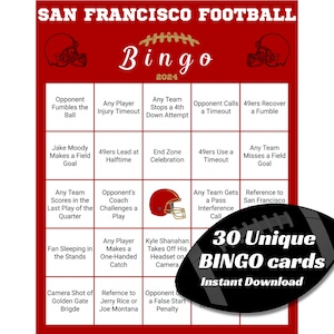Bingo de fútbol de San Francisco / Go 49ers / 30 tarjetas únicas / Descarga instantánea / Bingo de eventos en vivo / Bingo del día del juego / Fiesta para ver el partido