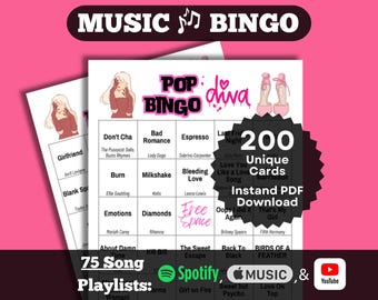 Pop Diva Songs Music Bingo. 200 card set. Instant PDF Download. Spotify, Apple Music, and YouTube Playlists.