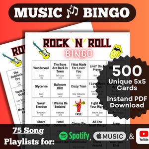 Bingo musicale di canzoni rock n roll. Canzoni rock di tutti i decenni (anni '70-'90 e oltre). Download immediato. 500 carte. Spotify, Apple Music, playlist di YouTube.