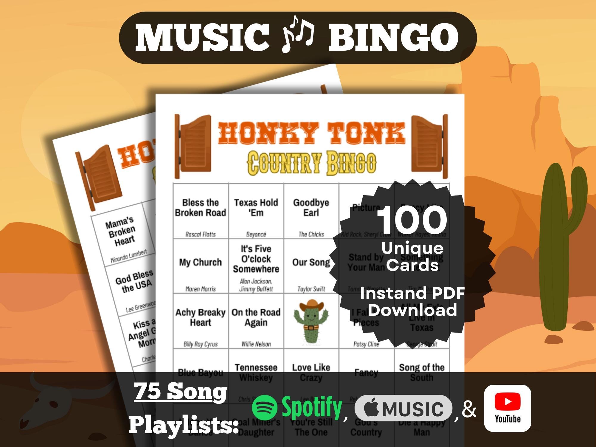 Music Bingo: Honky Tonk Country. 100 card set. Instant Download. Spotify, Apple Music, and YouTube Playlists. Country Music | Country Songs.