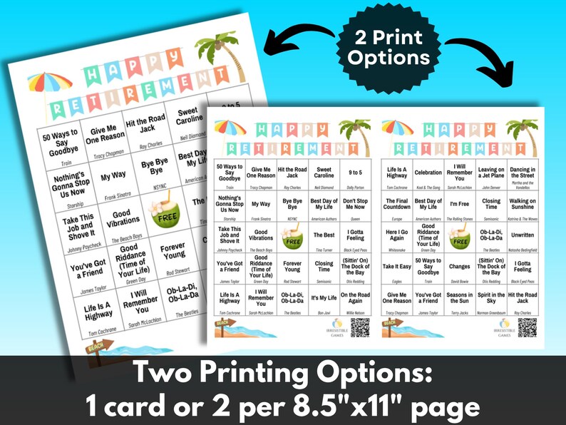 2 Print Options: Full page or half page cards per 8.5 x11 inch page.