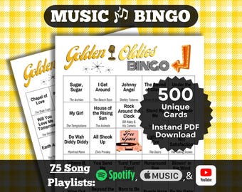 Music Bingo: Golden Oldies Bingo. 50's and 60's classic songs. 500 cards. Instant PDF Download. Spotify, Apple Music, and YouTube Playlists.