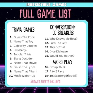 Full game list includes 10 Trivia games, 5 conversation and ice breaker games, and 5 word play games.