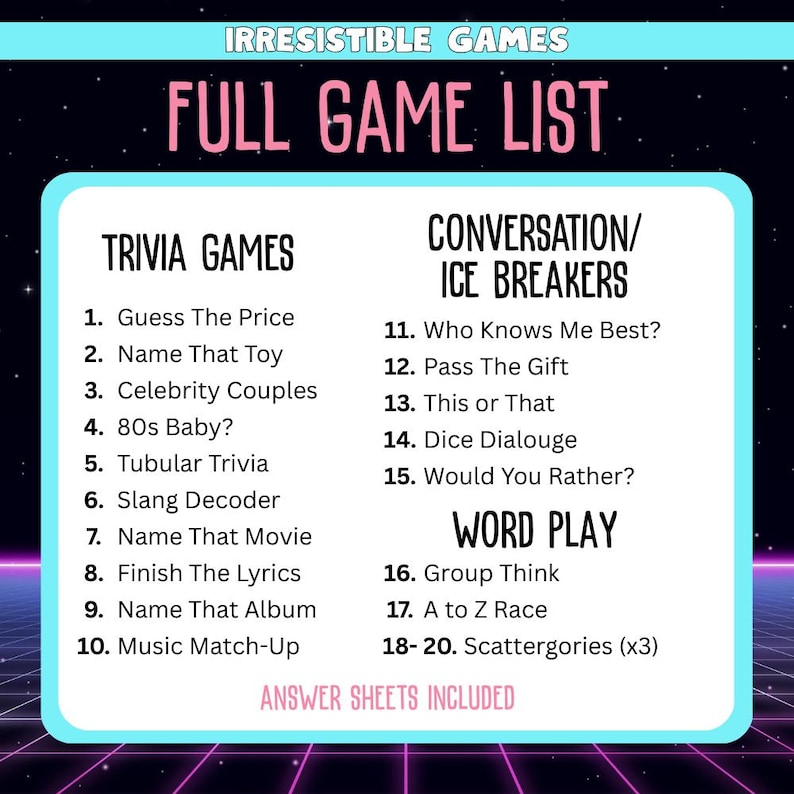 Full game list includes 10 Trivia games, 5 conversation and ice breaker games, and 5 word play games.