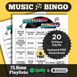 Motown Music Bingo Game | Oldies Music Bingo | 60s and 70s Motown songs | 20 Card Bingo, Instant Download | Spotify & Apple Music Playlists