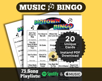 Juego de bingo de música Motown / Bingo de música clásica / Canciones de Motown de los años 60 y 70 / Bingo de 20 tarjetas, descarga instantánea / Listas de reproducción de Spotify y Apple Music