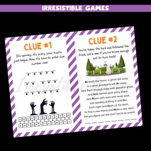 May include: A Halloween-themed game with two clues. The first clue is a word puzzle with zombie hands. The second clue features a ghost in a graveyard. The game's title is "Irresistible Games."