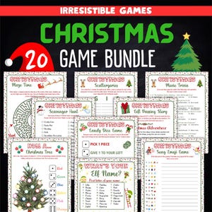 May include: A set of 20 printable Christmas game cards featuring a variety of games like "Maze Time", "Scavenger Hunt", "Candy Dice Game", "What's Your Elf Name?" and "Song Emoji Game".