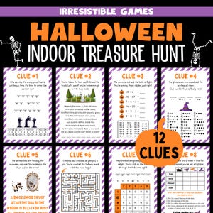 May include: A Halloween-themed indoor treasure hunt game with 12 clues. The game features clues, riddles, and a maze, with a pumpkin graphic and skeleton illustrations. The game is designed for Halloween.