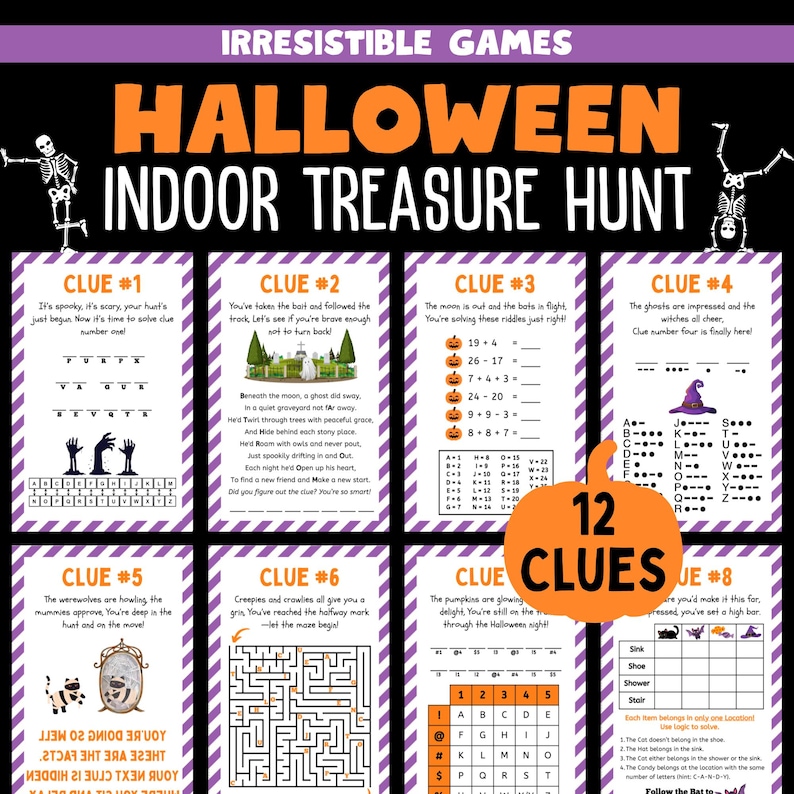 May include: A Halloween-themed indoor treasure hunt game with 12 clues. The game features clues, riddles, and a maze, with a pumpkin graphic and skeleton illustrations. The game is designed for Halloween.