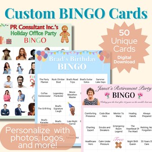 Aangepaste bingokaarten. 50 kaartenset gepersonaliseerd met foto's en 30 bingo-aanwijzingen naar keuze. Op bestelling gemaakt. Digitale download. Elke gelegenheid!