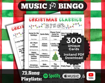 Bingo Musical: Clásicos Navideños. Tus éxitos navideños favoritos. 300 cartones, descarga instantánea. Spotify, Apple Music, listas de reproducción de YouTube.