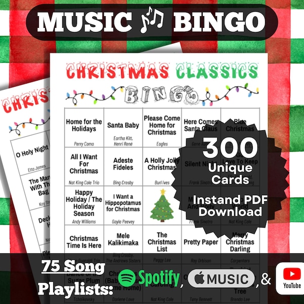 Music Bingo: Christmas Classics. Your favorite oldies Holiday Hits. 300 cards, Instant Download. Spotify, Apple Music, YouTube playlists.