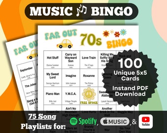 70s Songs Music Bingo. 100 card set. Instant PDF Download. Spotify, Apple Music, and YouTube Playlists.
