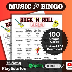 Bingo musicale di canzoni rock n roll. Canzoni rock di tutti i decenni (dagli anni &#39;70 agli anni &#39;90 e oltre). Download immediato. 100 carte. Spotify, Apple Music, playlist di YouTube.