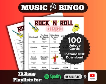 Rock N Roll Songs Music Bingo. Rock songs over the decades (70s-90s+). Instant Download. 100 cards. Spotify, Apple Music, YouTube playlists.