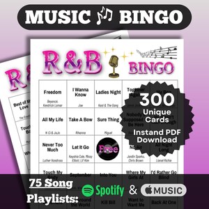 Music Bingo: R&B Soul Songs Bingo. 300 card set. Hits from across the decades. Instant Download with playlists for Spotify and Apple Music.