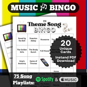 TV Theme Song Bingo. 20 unique cards. Instant PDF download. Playlists for Spotify and Apple Music included.