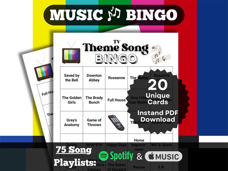 TV Theme Song Bingo. 20 unique cards. Instant PDF download. Playlists for Spotify and Apple Music included.