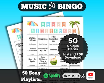 Retirement Party Music Bingo | Retirement Bingo Game | 50 Card Retirement Activity, PDF Download | Spotify, Apple Music, YouTube Playlists.