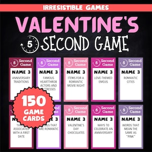Puede incluir: Un juego de 150 cartas para el Día de San Valentín con fondos rosas y morados. Las cartas están divididas en 9 categorías, cada una con un tema diferente del Día de San Valentín. Las cartas están diseñadas para un juego de 5 segundos.
