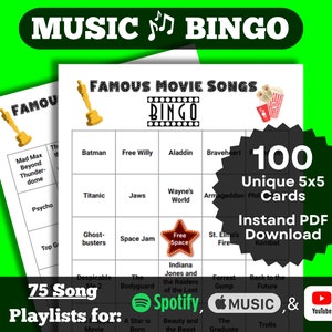 Bingo musical: canciones de películas famosas (Bingo de películas, juego de 100 tarjetas, descarga instantánea de PDF, Spotify, Apple Music, listas de reproducción de YouTube)