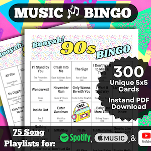Bingo musical de canciones de los 90. (Éxitos musicales de los años 90, 300 tarjetas únicas, descarga instantánea en PDF, listas de reproducción en Spotify, Apple Music, YouTube).
