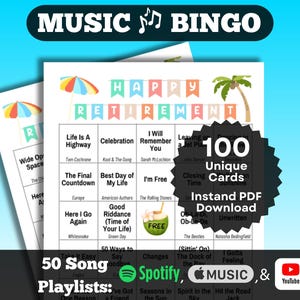Retirement Music Bingo Game for a retirement party. 100 unique cards. Playlists included.
