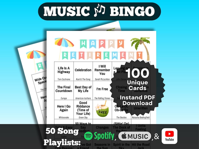 Retirement Music Bingo Game for a retirement party. 100 unique cards. Playlists included.